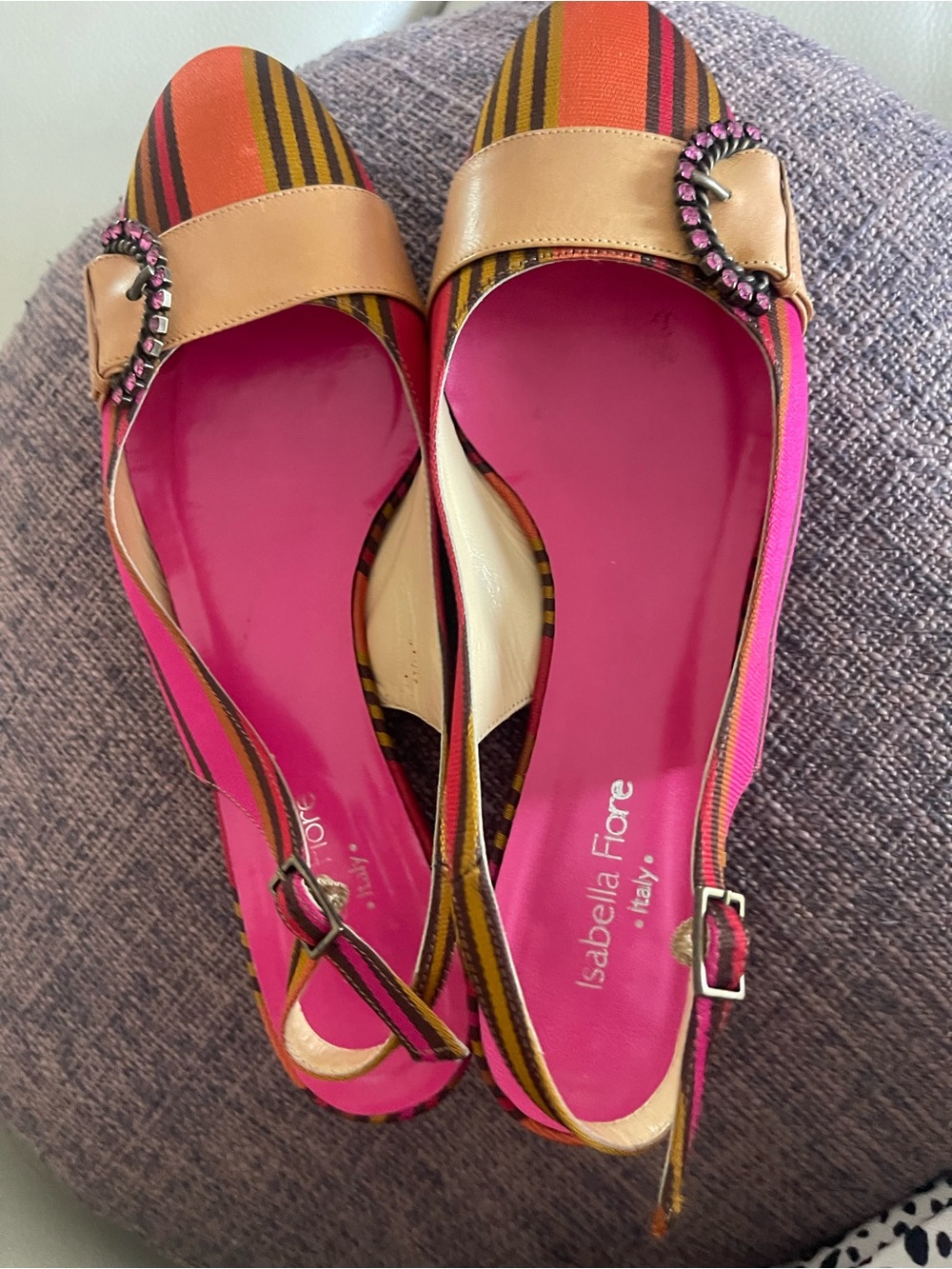 Isabella Fiore Hot Pink and Tan Striped Slingback Flats